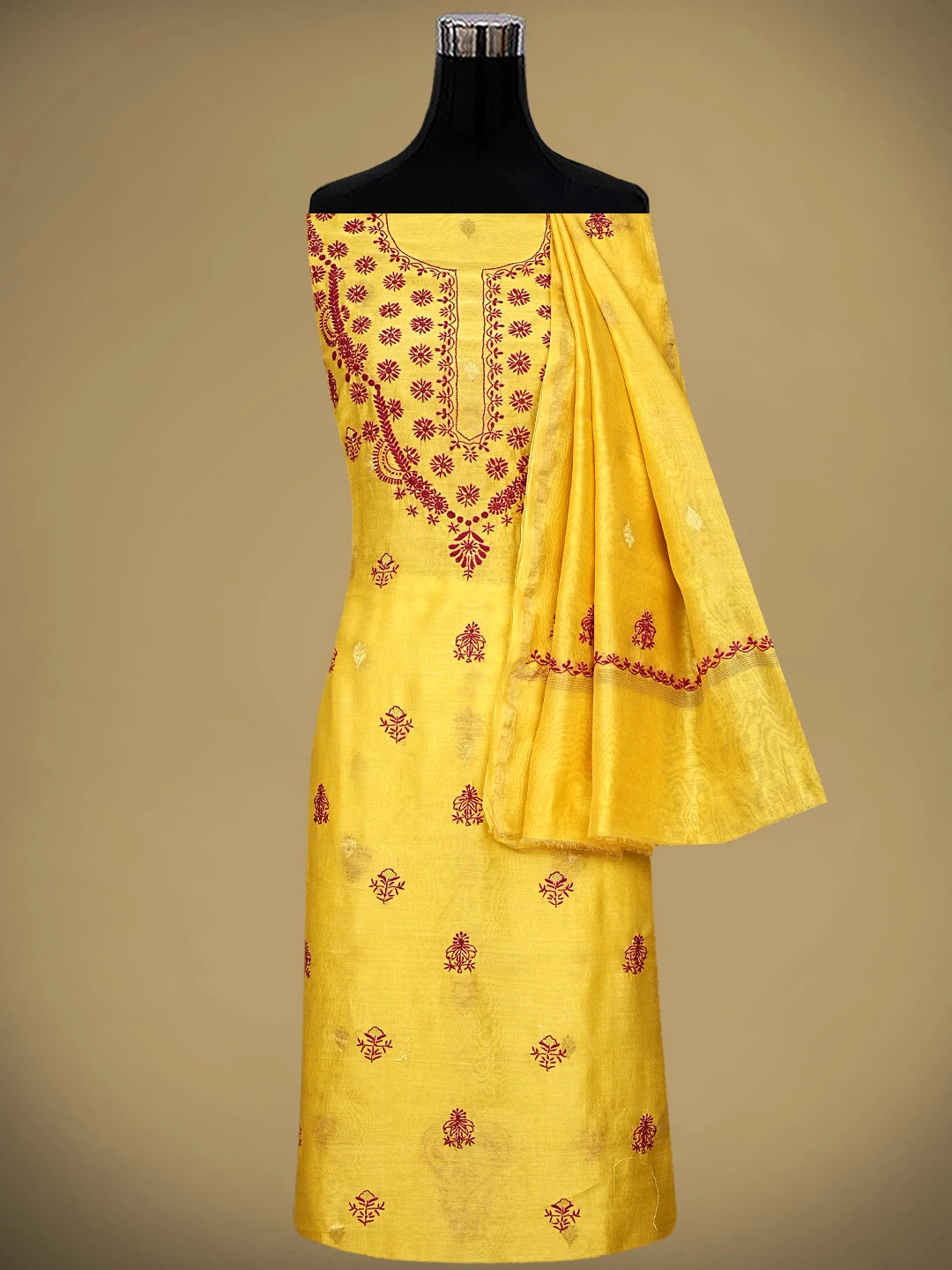 Ada Hand Embroidered Royal Gold yellow Chanderi Lucknowi Chikankari Unstitched Kurta Dupatta Set 01A939657
