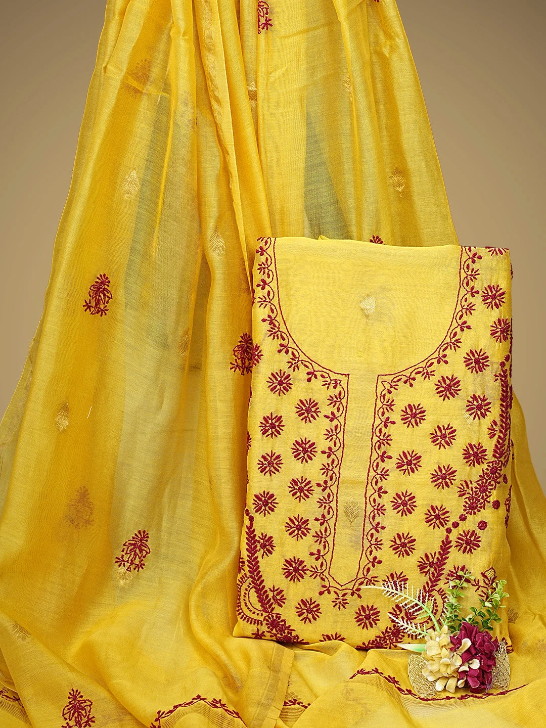 Ada Hand Embroidered Royal Gold yellow Chanderi Lucknowi Chikankari Unstitched Kurta Dupatta Set 01A939657