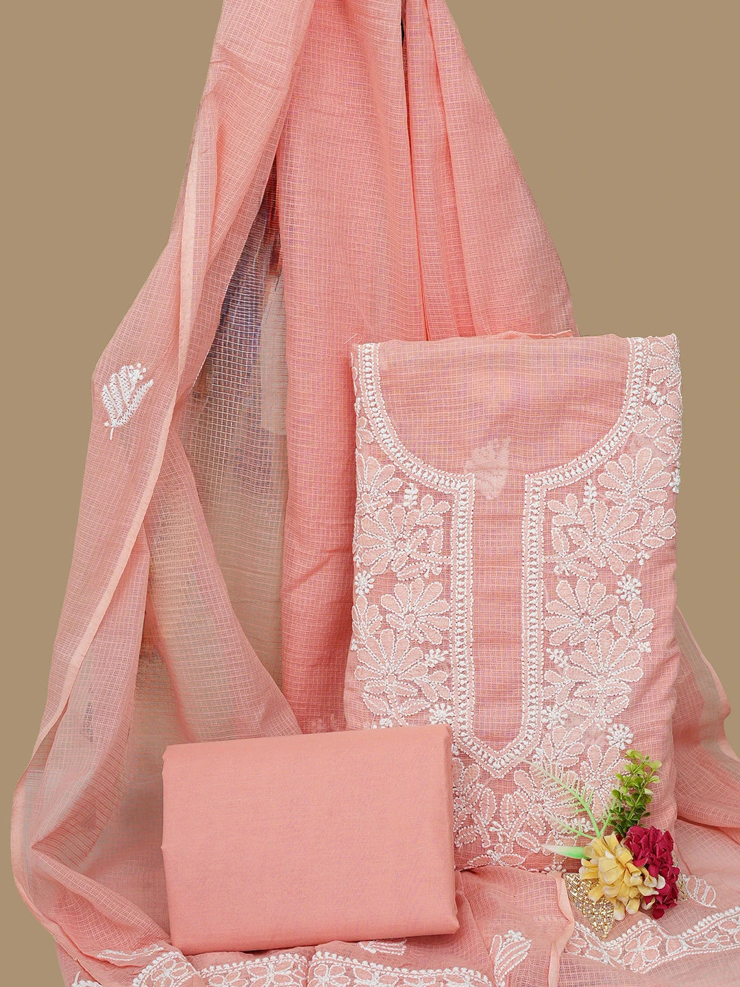 Ada Hand Embroidered Peach Kota Lucknowi Chikankari Unstitched Suit Piece 01A886401