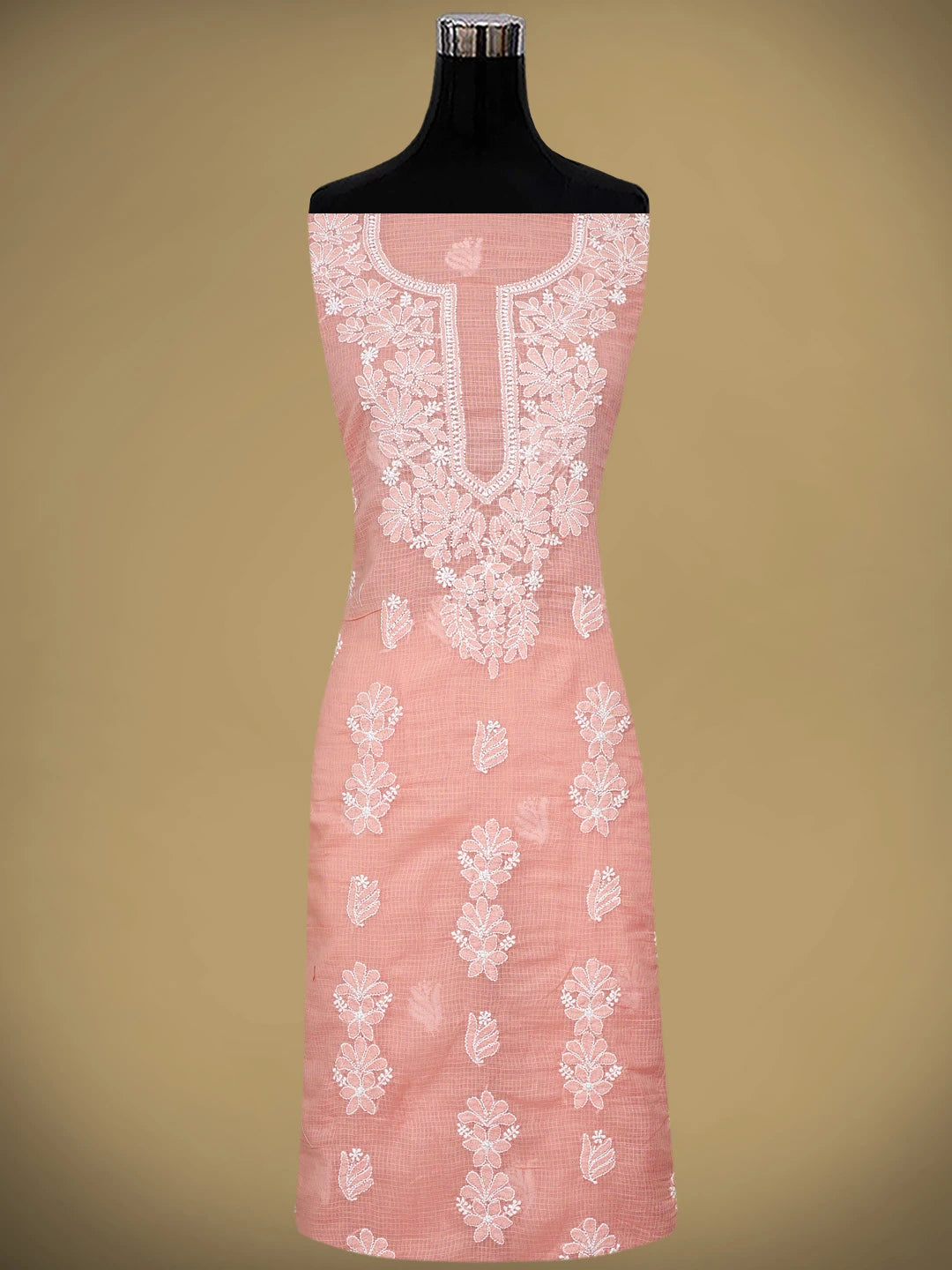 Ada Hand Embroidered Peach Kota Lucknowi Chikankari Unstitched Suit Piece 01A886401