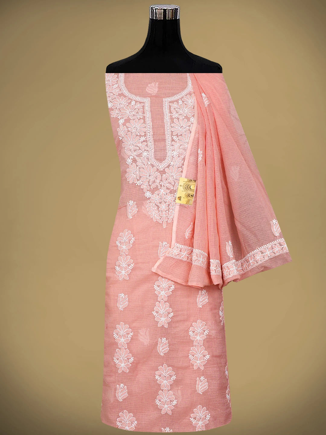 Ada Hand Embroidered Peach Kota Lucknowi Chikankari Unstitched Suit Piece 01A886401