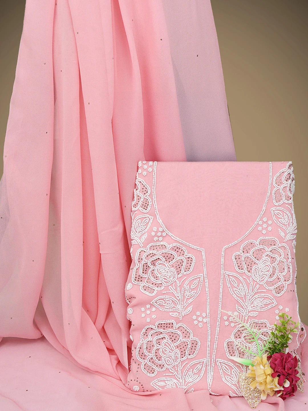 Ada Hand Embroidered Baby Pink Viscose Georgette Unstitched Kurta Dupatta Set With Muqaish/Mukaish Work 01A911270