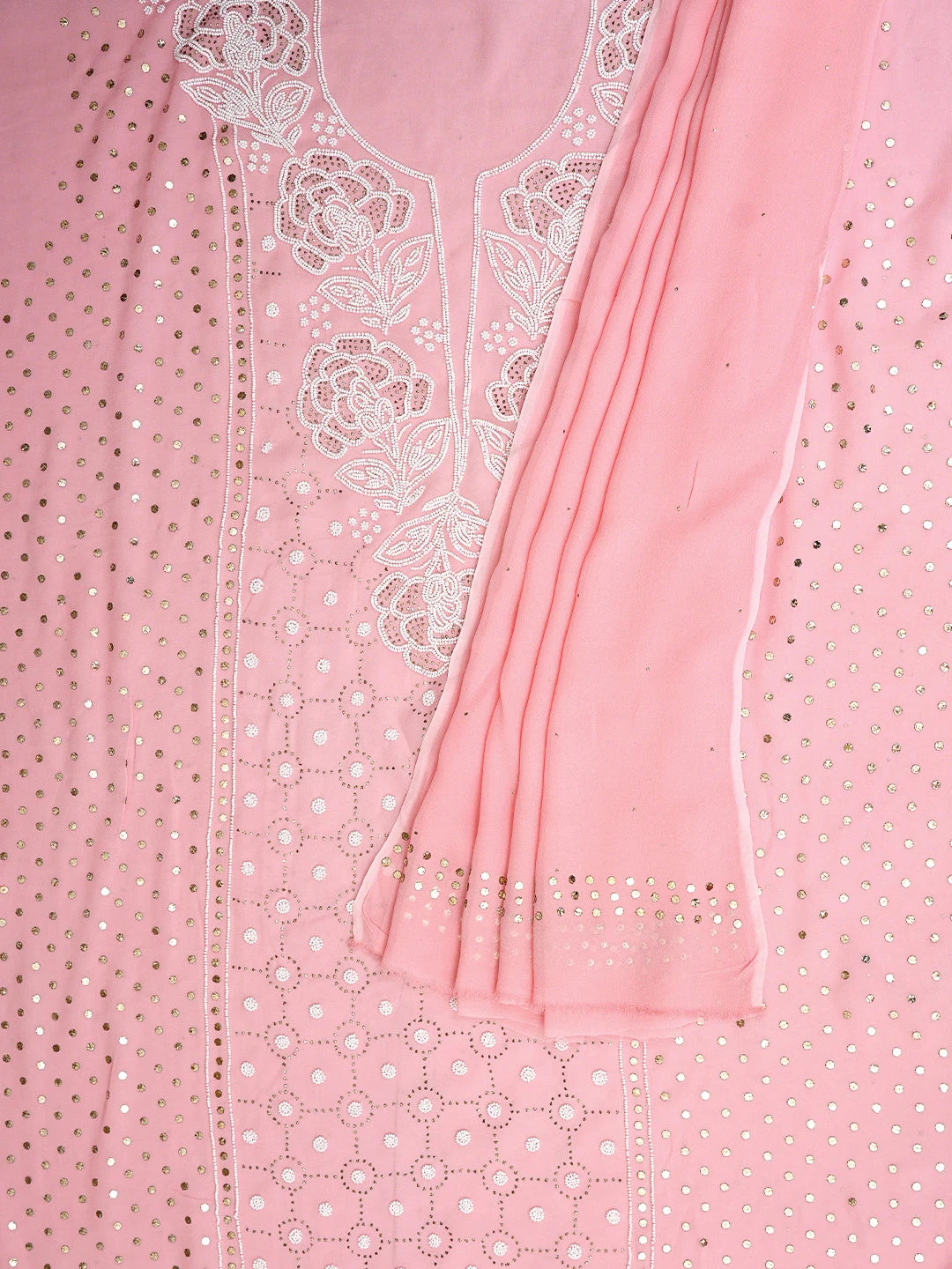 Ada Hand Embroidered Baby Pink Viscose Georgette Unstitched Kurta Dupatta Set With Muqaish/Mukaish Work 01A911270