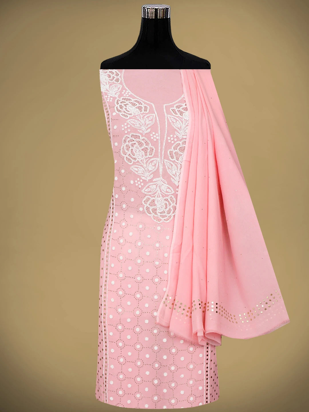 Ada Hand Embroidered Baby Pink Viscose Georgette Unstitched Kurta Dupatta Set With Muqaish/Mukaish Work 01A911270