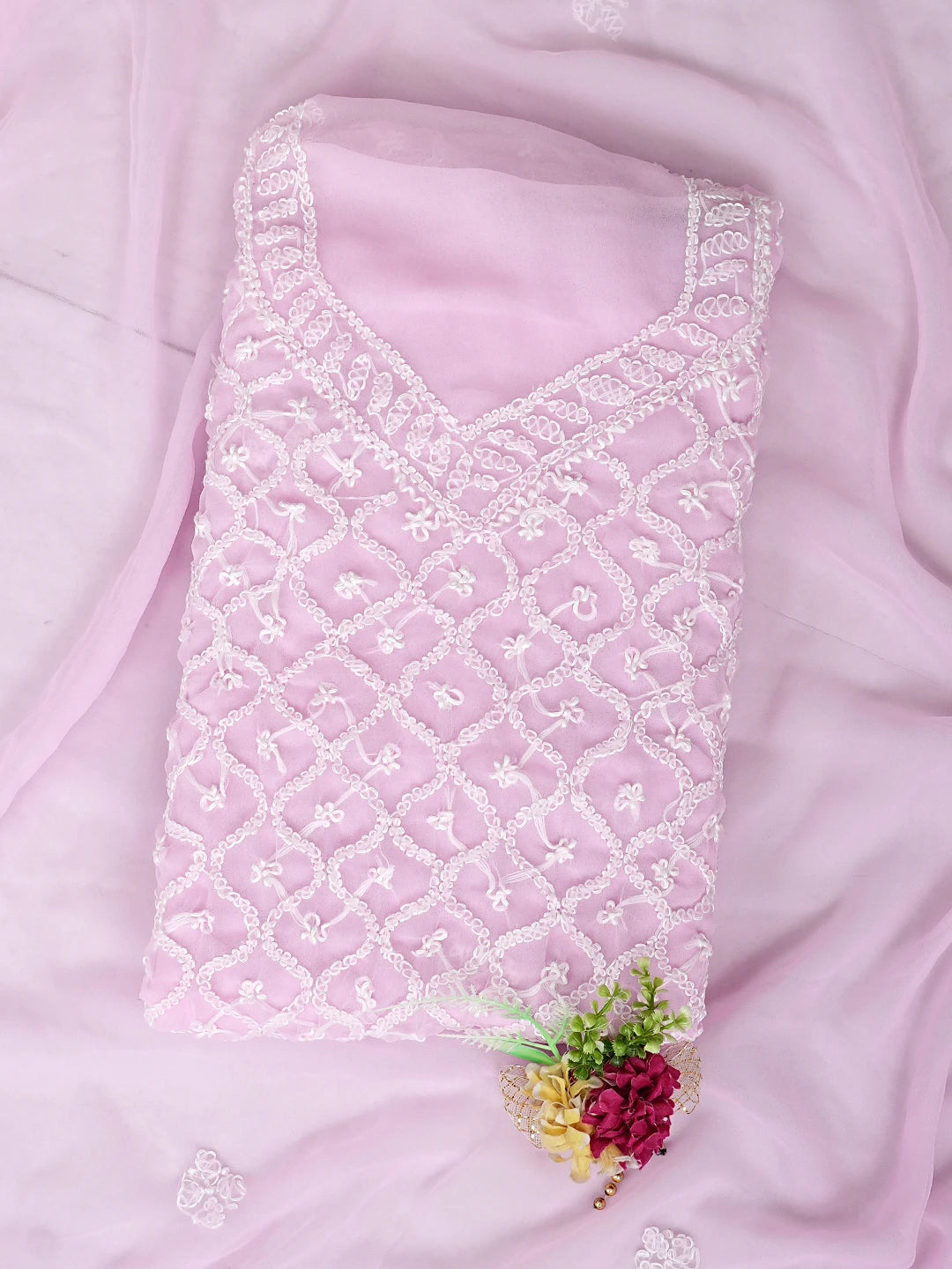 Ada Hand Embroidered Pink Georgette Lucknowi Chikankari Unstitched Suit Piece 01A937318