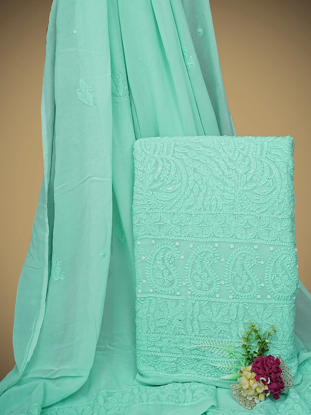 Ada Hand Embroidered Sea Green Viscose Georgette Lucknowi Chikankari Unstitched Kurta Dupatta Set With Cutdana Work 01A933525