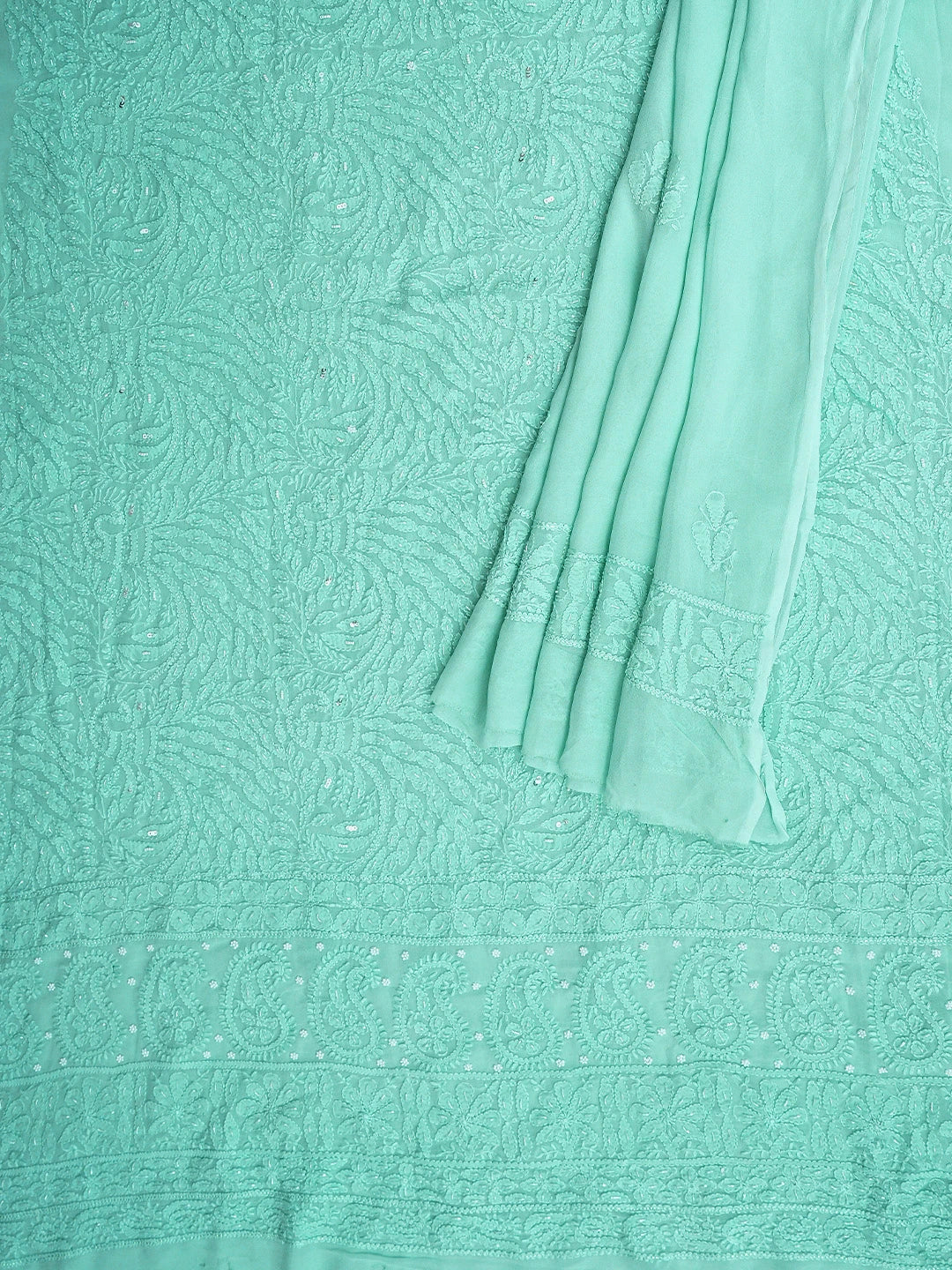 Ada Hand Embroidered Sea Green Viscose Georgette Lucknowi Chikankari Unstitched Kurta Dupatta Set With Cutdana Work 01A933525