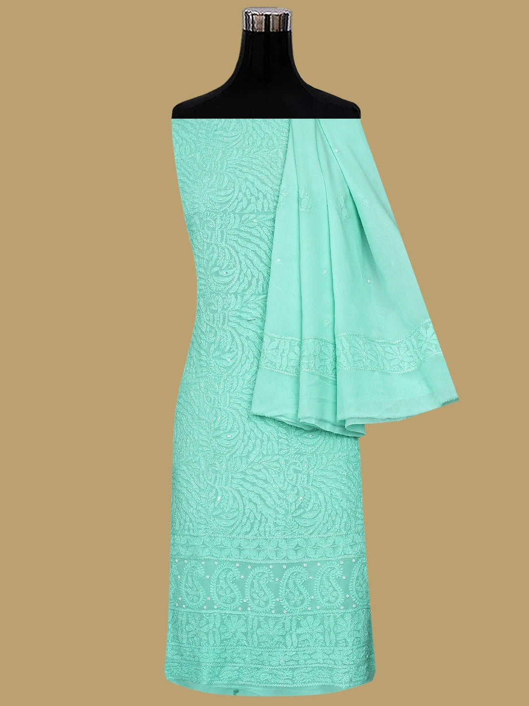 Ada Hand Embroidered Sea Green Viscose Georgette Lucknowi Chikankari Unstitched Kurta Dupatta Set With Cutdana Work 01A933525