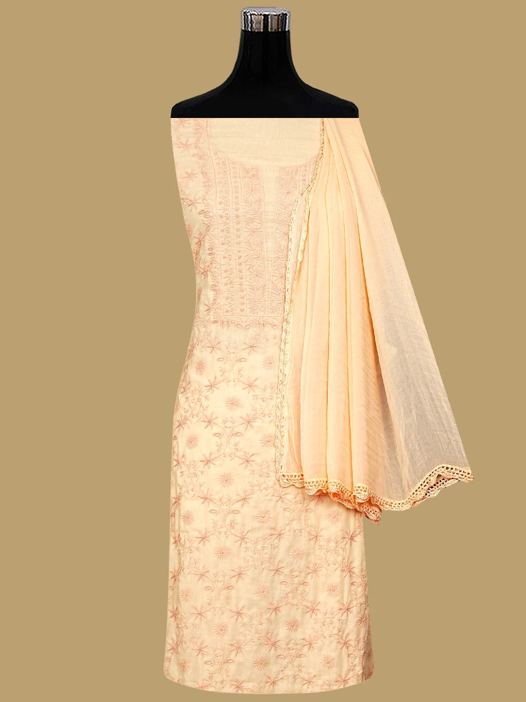 Ada Hand Embroidered Blushing Apricot Peach Cotton Lucknowi Chikankari Unstitched Suit Piece 01A409473