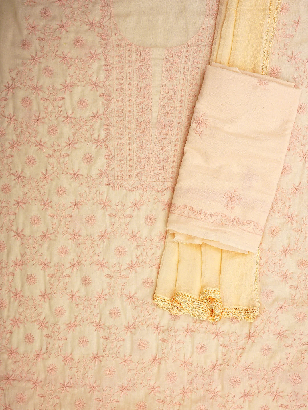 Ada Hand Embroidered Blushing Apricot Peach Cotton Lucknowi Chikankari Unstitched Suit Piece 01A409473