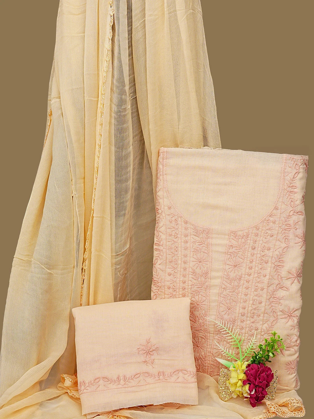 Ada Hand Embroidered Blushing Apricot Peach Cotton Lucknowi Chikankari Unstitched Suit Piece 01A409473