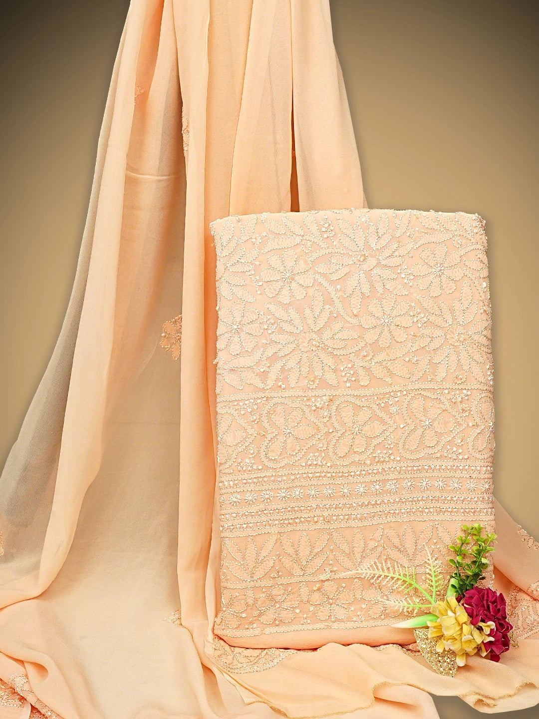 Ada Hand Embroidered Candy Peach Viscose Georgette Lucknowi Chikankari Unstitched Kurta Dupatta Set 01A933462