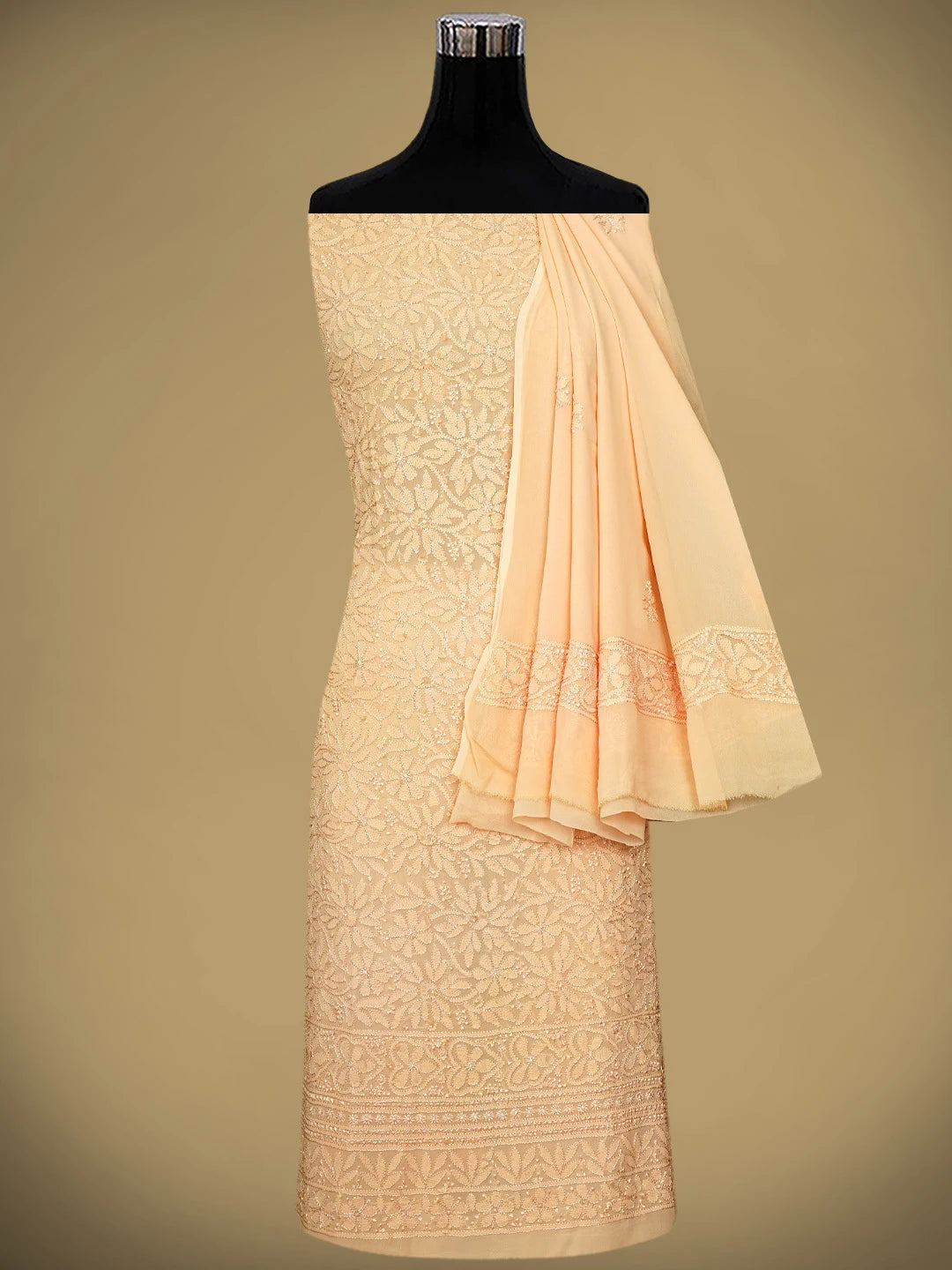 Ada Hand Embroidered Candy Peach Viscose Georgette Lucknowi Chikankari Unstitched Kurta Dupatta Set 01A933462