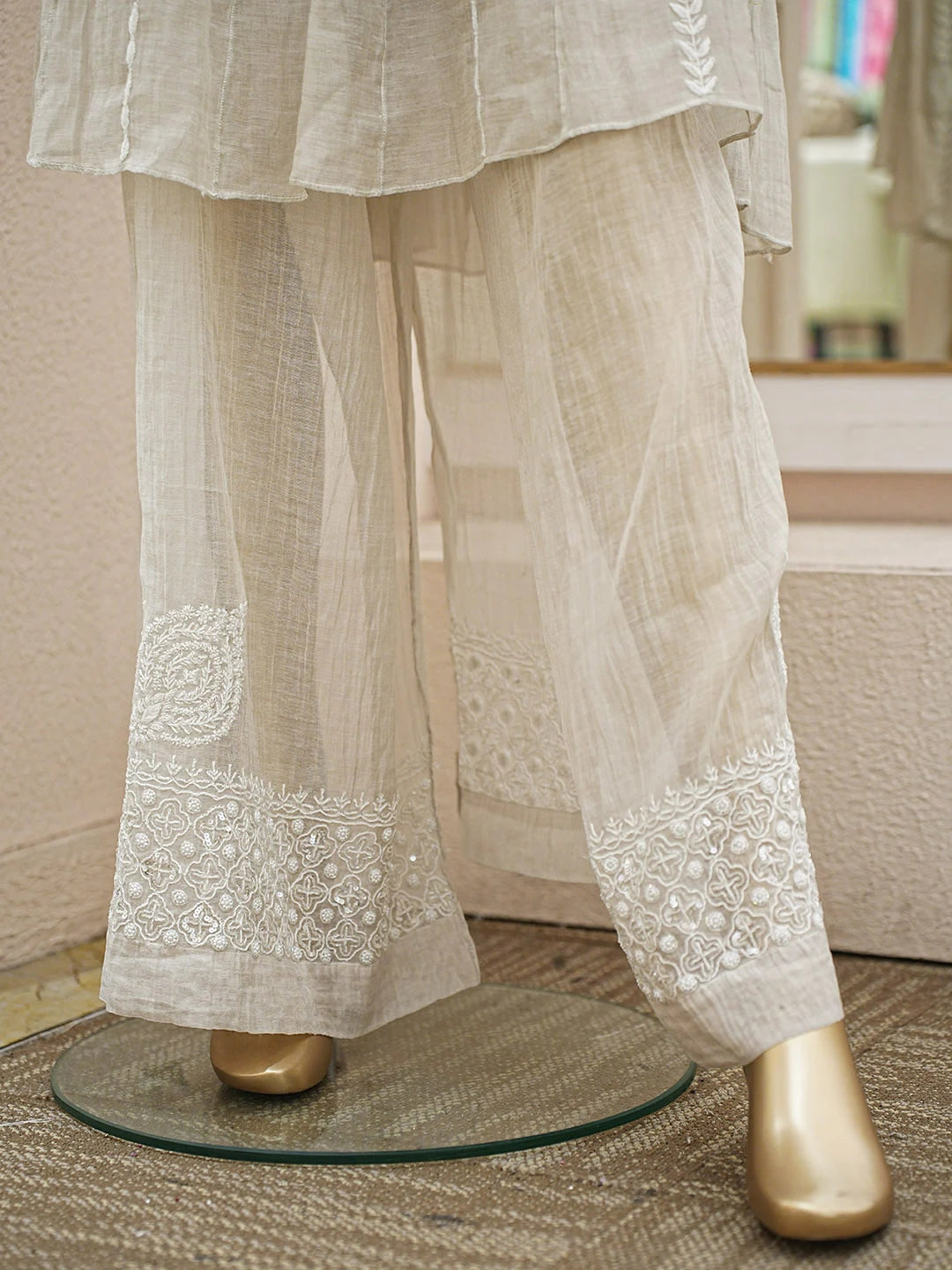 Ada Hand Embroidered Dusty Grey Tissue Lucknowi Chikankari Semi-Stitched Straight Kurta/Palazzo Set With Cutdana Work 01A935496