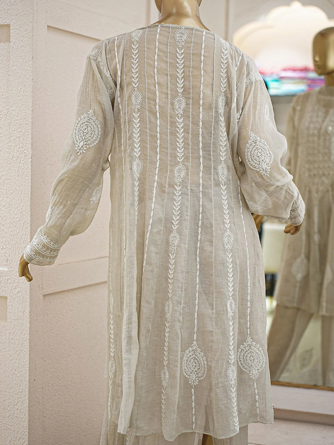 Ada Hand Embroidered Dusty Grey Tissue Lucknowi Chikankari Semi-Stitched Straight Kurta/Palazzo Set With Cutdana Work 01A935496