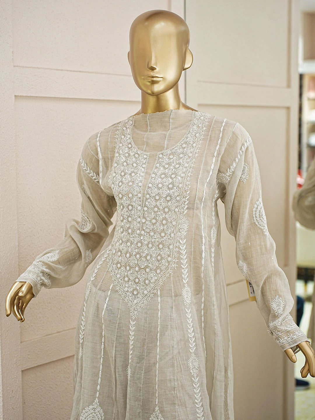 Ada Hand Embroidered Dusty Grey Tissue Lucknowi Chikankari Semi-Stitched Straight Kurta/Palazzo Set With Cutdana Work 01A935496
