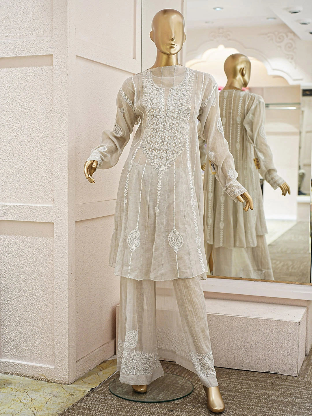 Ada Hand Embroidered Dusty Grey Tissue Lucknowi Chikankari Semi-Stitched Straight Kurta/Palazzo Set With Cutdana Work 01A935496