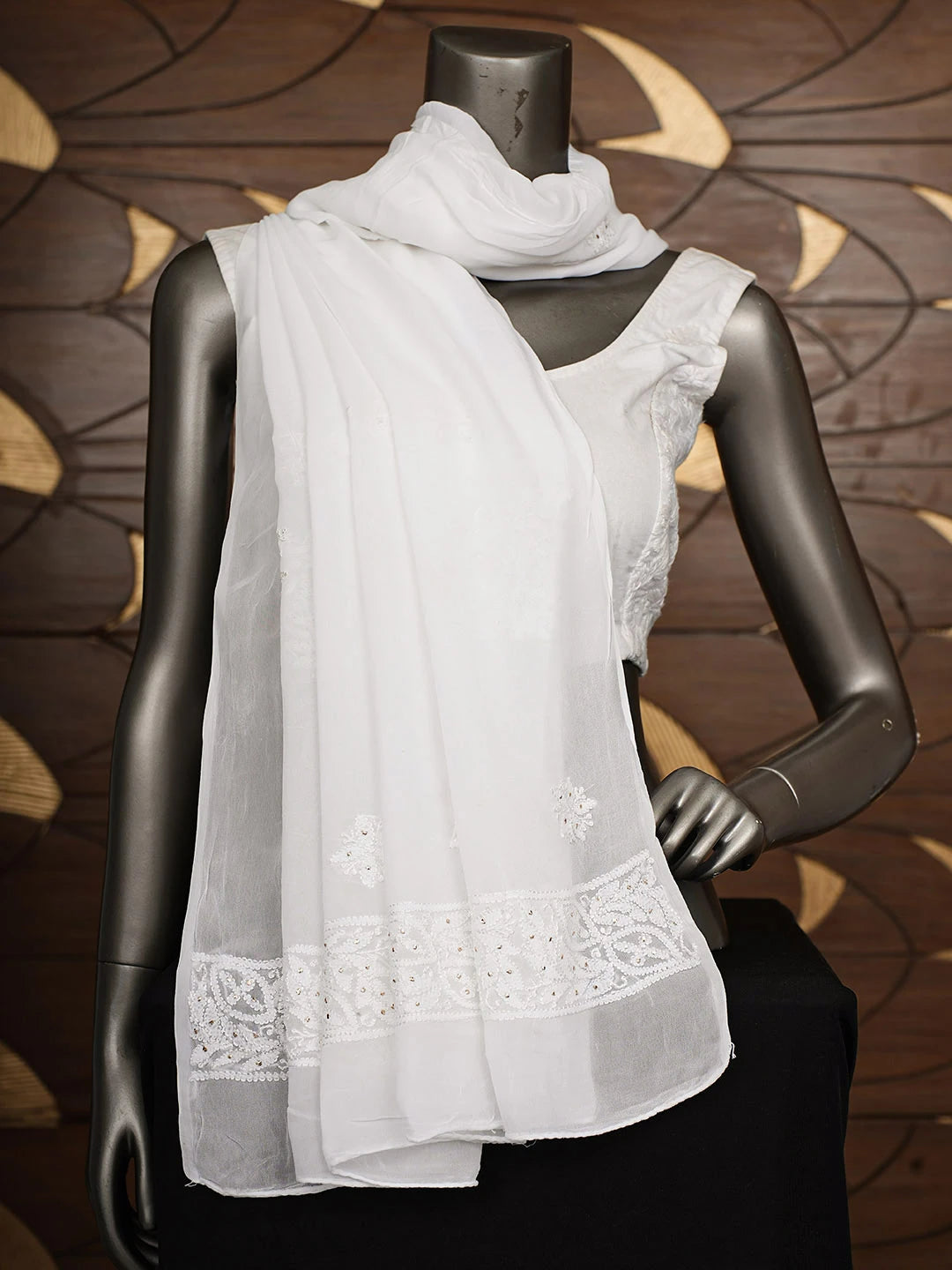 Ada Hand Embroidered White Viscose Georgette Lucknowi Chikankari Dupatta With Muqaish/Mukaish Work 01A897471