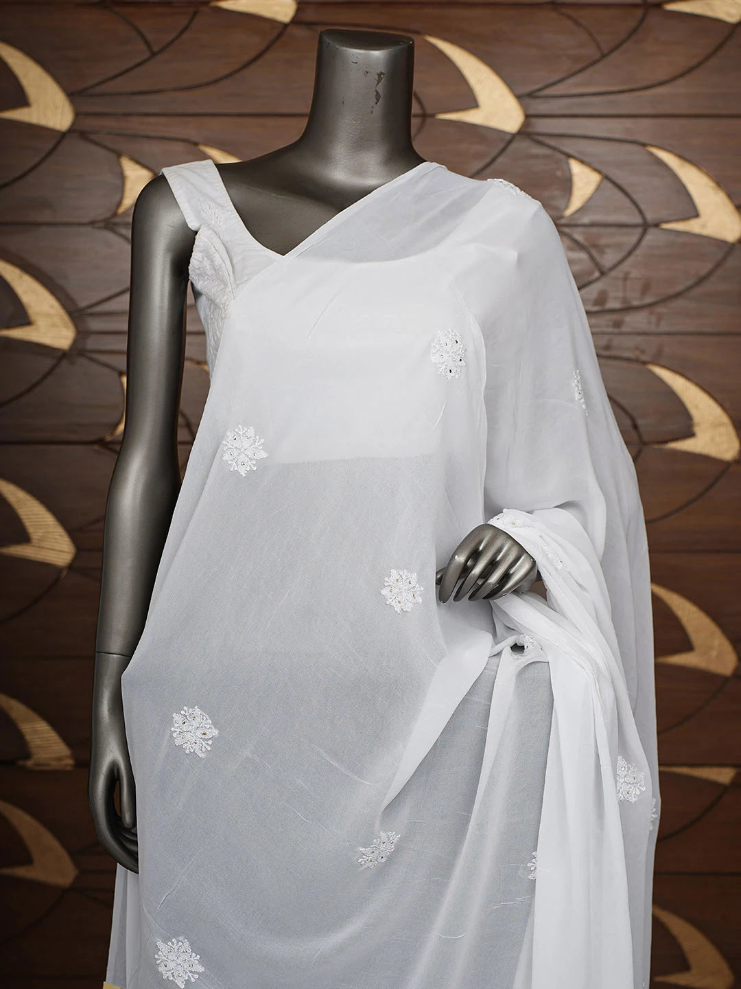 Ada Hand Embroidered White Viscose Georgette Lucknowi Chikankari Dupatta With Muqaish/Mukaish Work 01A897471