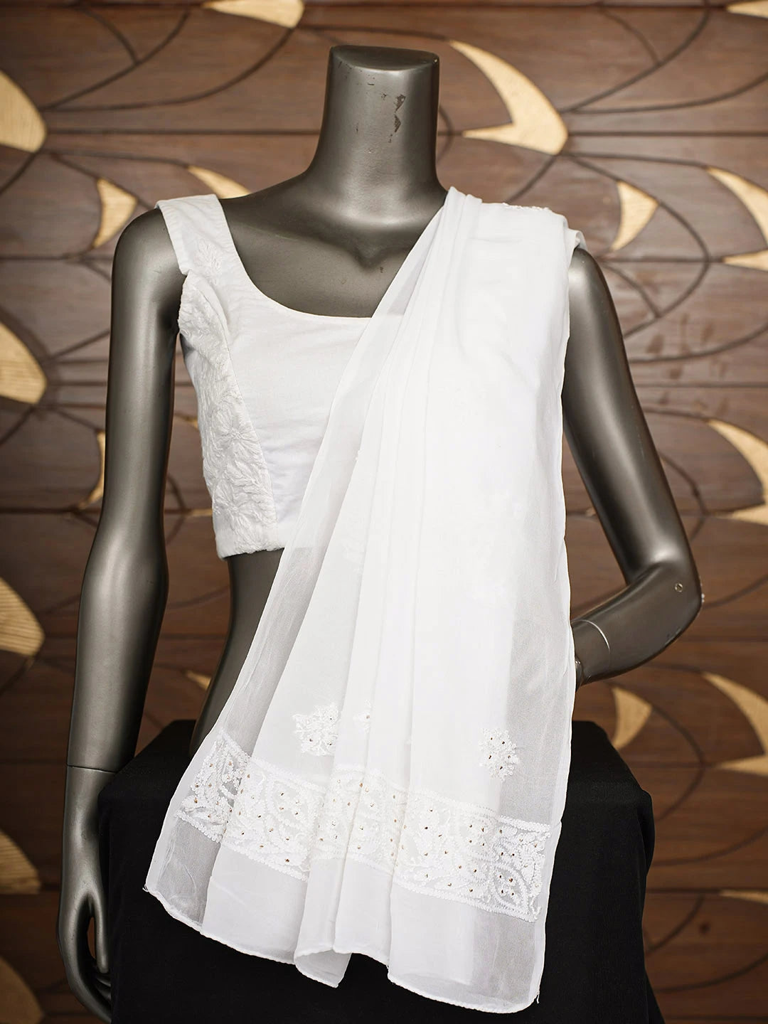 Ada Hand Embroidered White Viscose Georgette Lucknowi Chikankari Dupatta With Muqaish/Mukaish Work 01A897471