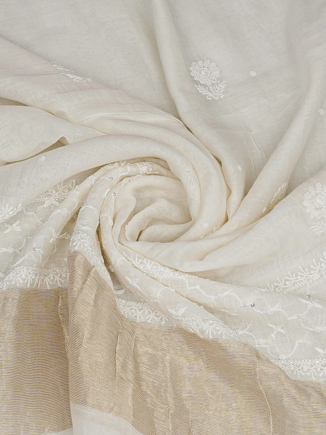 Ada Hand Embroidered White Chanderi Lucknowi Chikankari Dupatta With Cutdana Work 01A923304