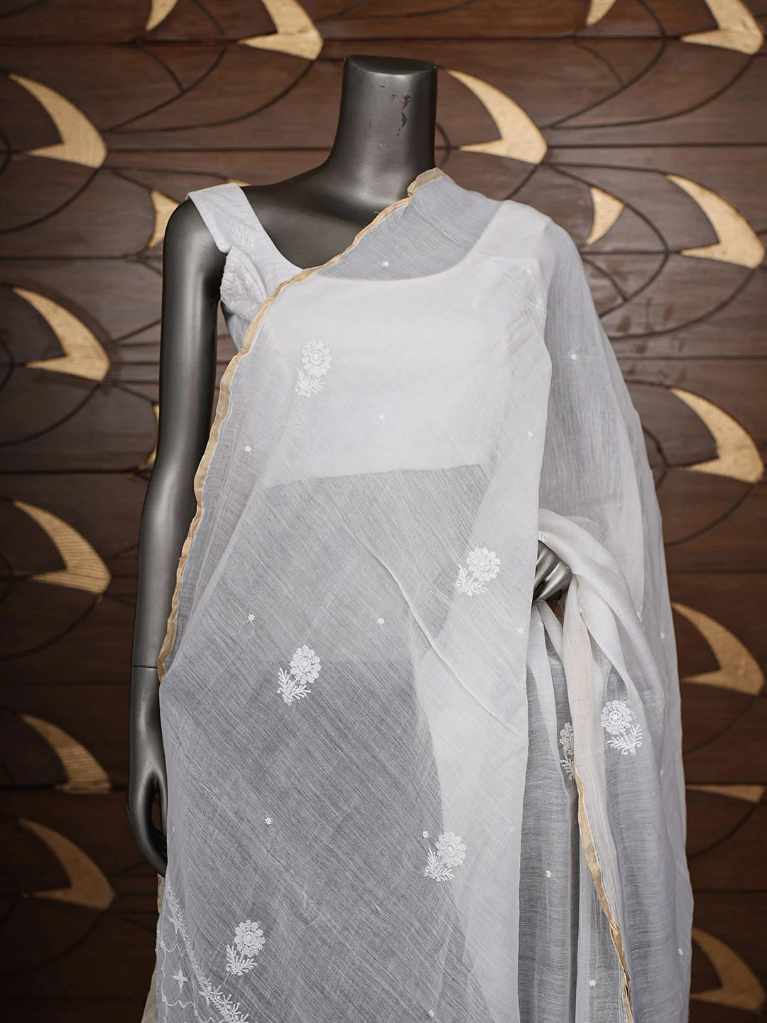 Ada Hand Embroidered White Chanderi Lucknowi Chikankari Dupatta With Cutdana Work 01A923304
