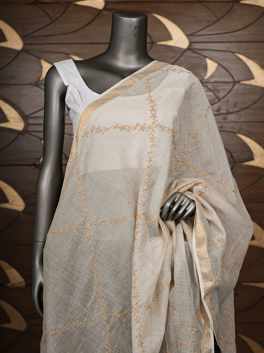 Ada Hand Embroidered Fawn Silk Lucknowi Chikankari Dupatta 01A698663