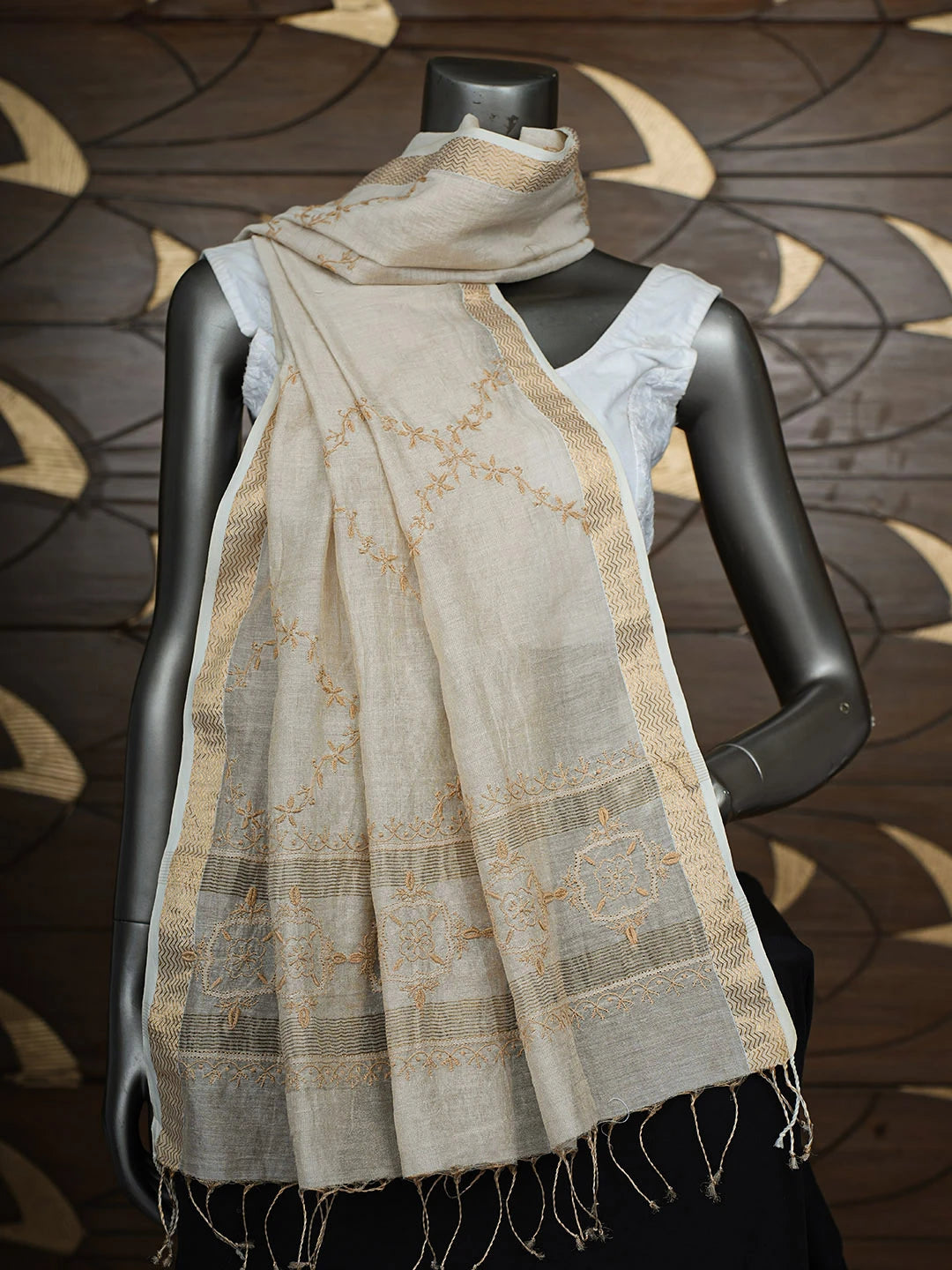 Ada Hand Embroidered Fawn Silk Lucknowi Chikankari Dupatta 01A698663