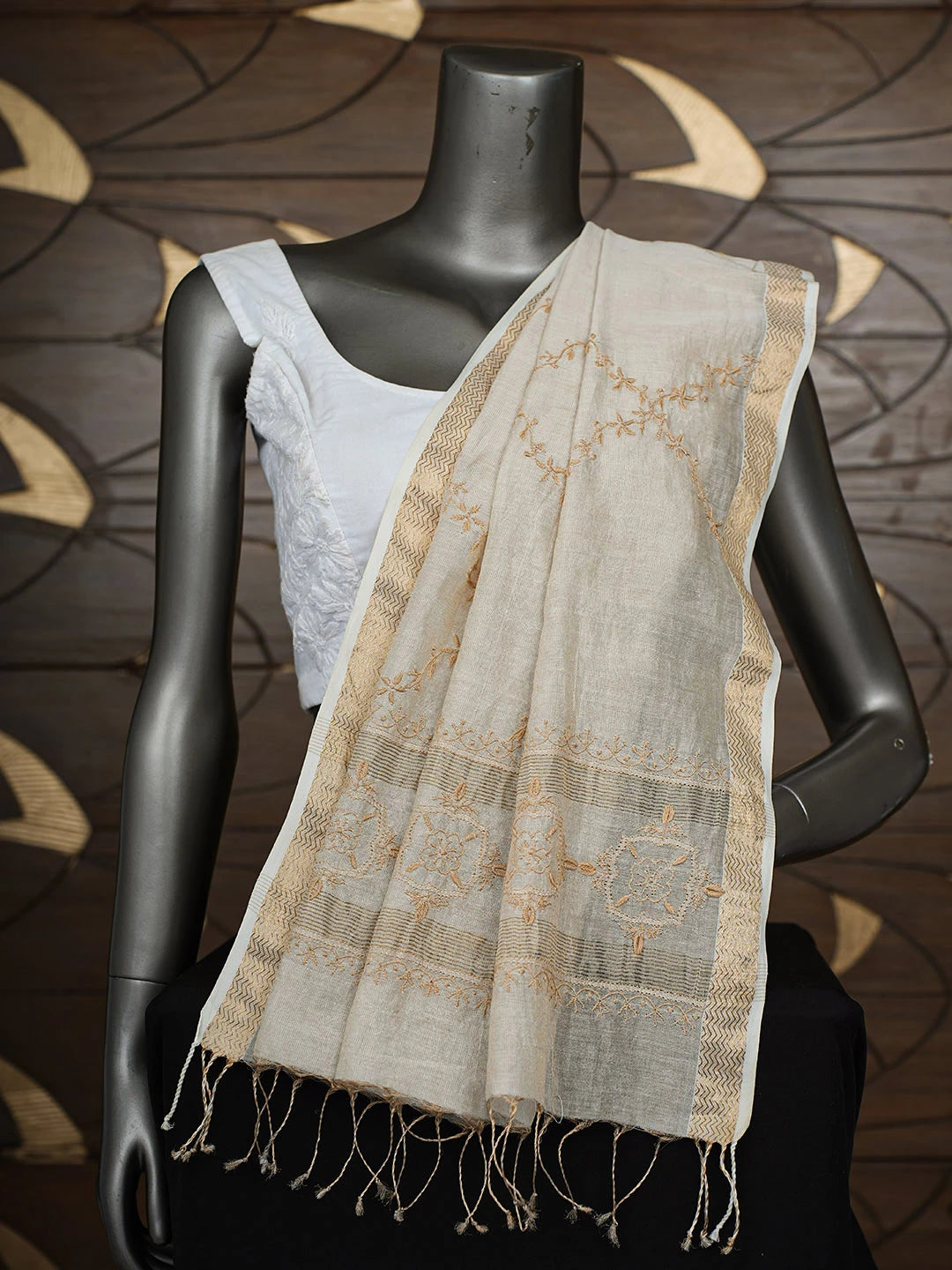 Ada Hand Embroidered Fawn Silk Lucknowi Chikankari Dupatta 01A698663