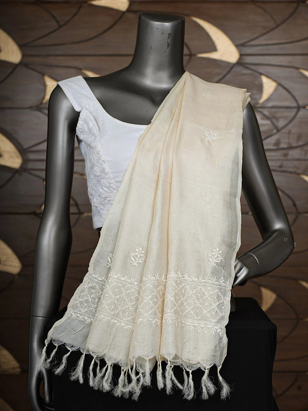 Ada Hand Embroidered Fawn Tussar Silk Lucknowi Chikankari Dupatta 01A898358