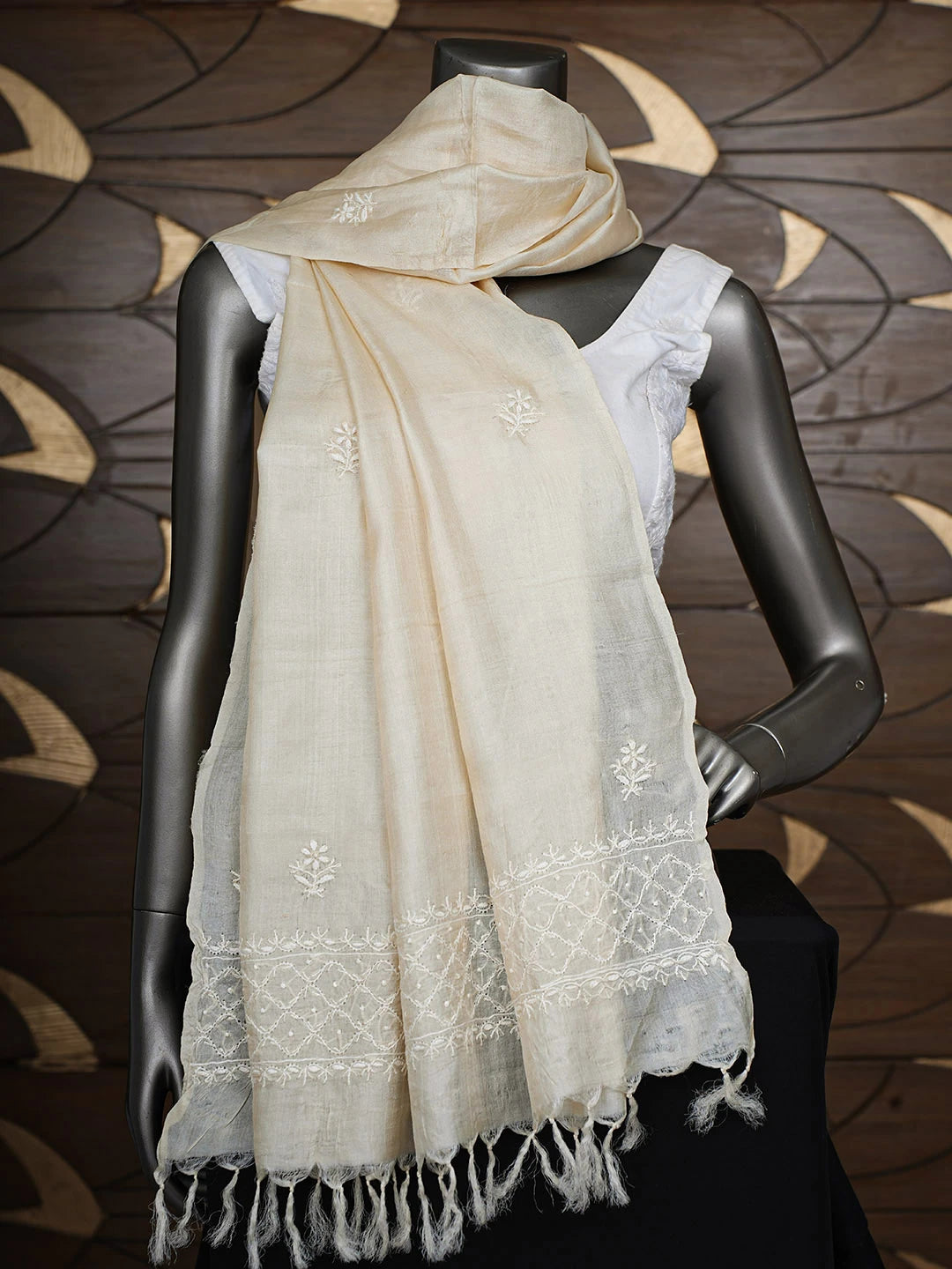 Ada Hand Embroidered Fawn Tussar Silk Lucknowi Chikankari Dupatta 01A898358