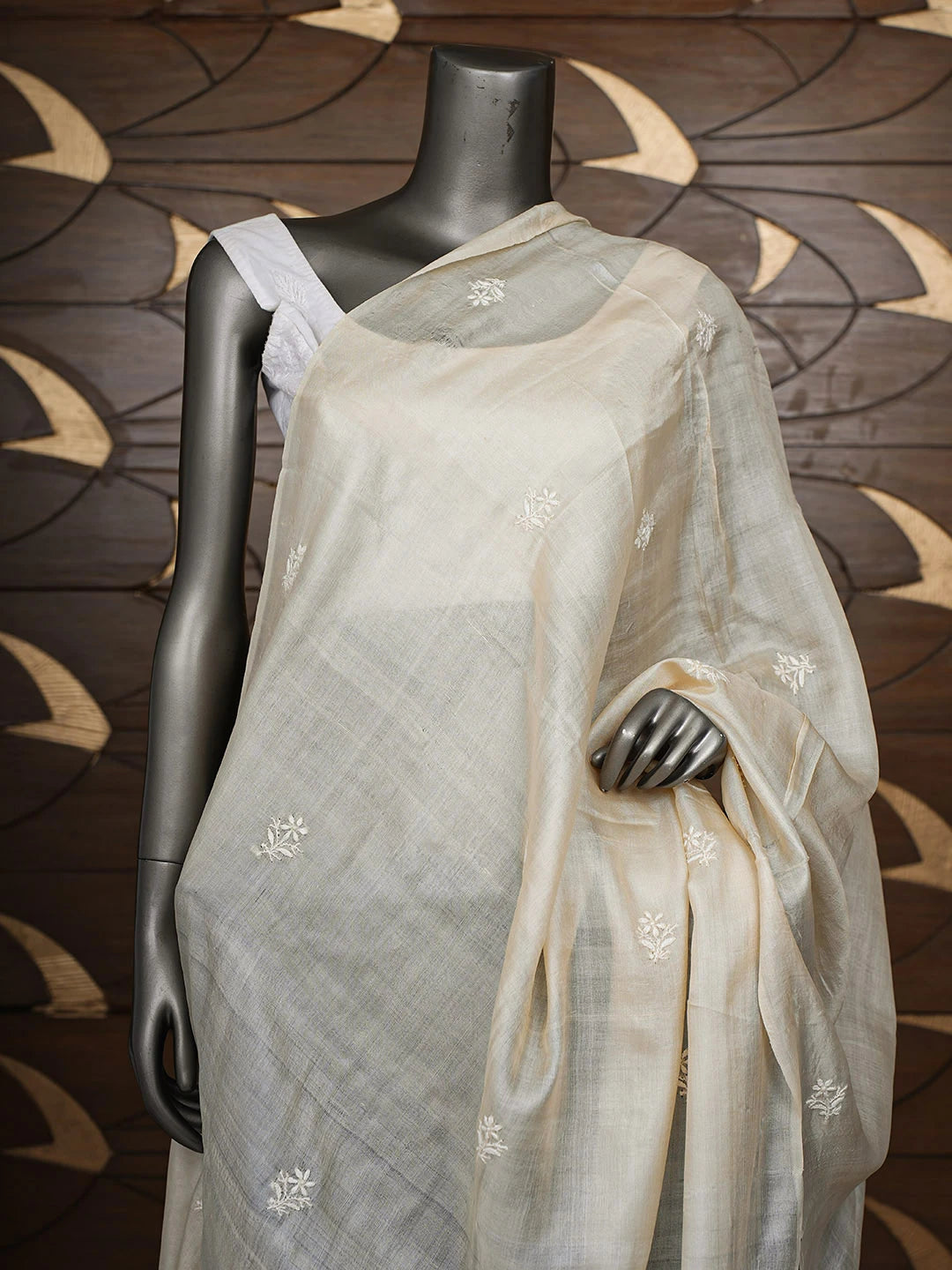 Ada Hand Embroidered Fawn Tussar Silk Lucknowi Chikankari Dupatta 01A898358