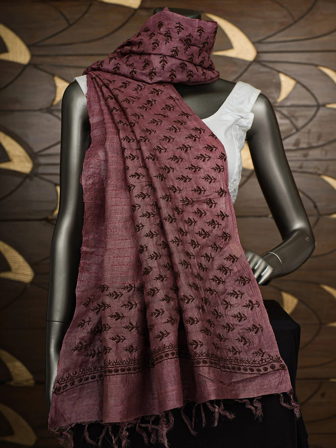 Ada Hand Embroidered Maroon Tussar Silk Lucknowi Chikankari Dupatta 01A900659