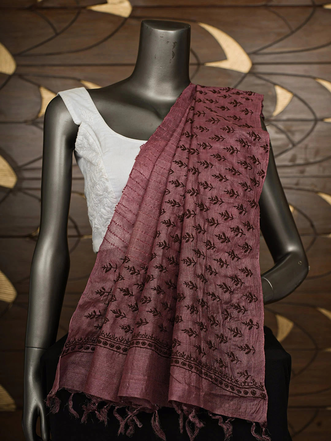 Ada Hand Embroidered Maroon Tussar Silk Lucknowi Chikankari Dupatta 01A900659