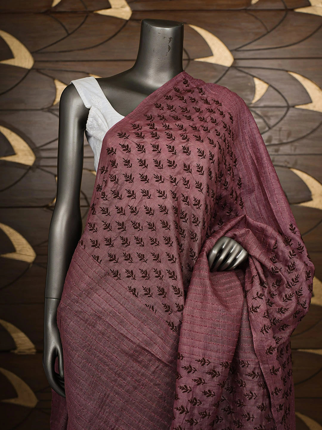 Ada Hand Embroidered Maroon Tussar Silk Lucknowi Chikankari Dupatta 01A900659