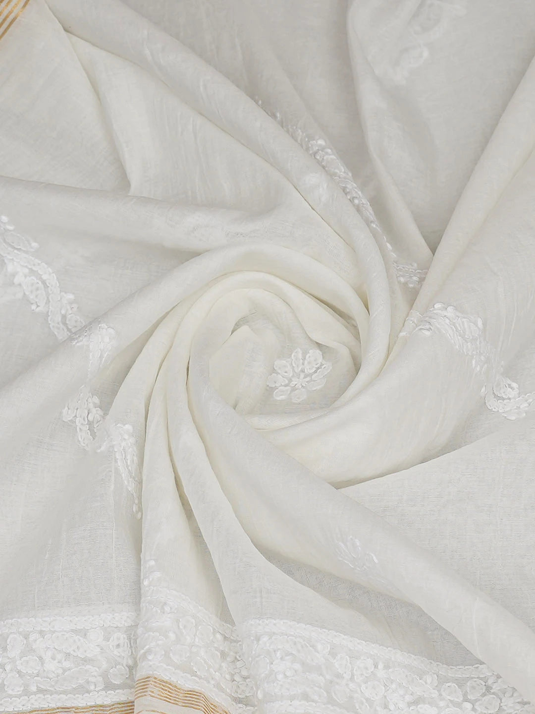 Ada Hand Embroidered White Chanderi Lucknowi Chikankari Dupatta 01A902934