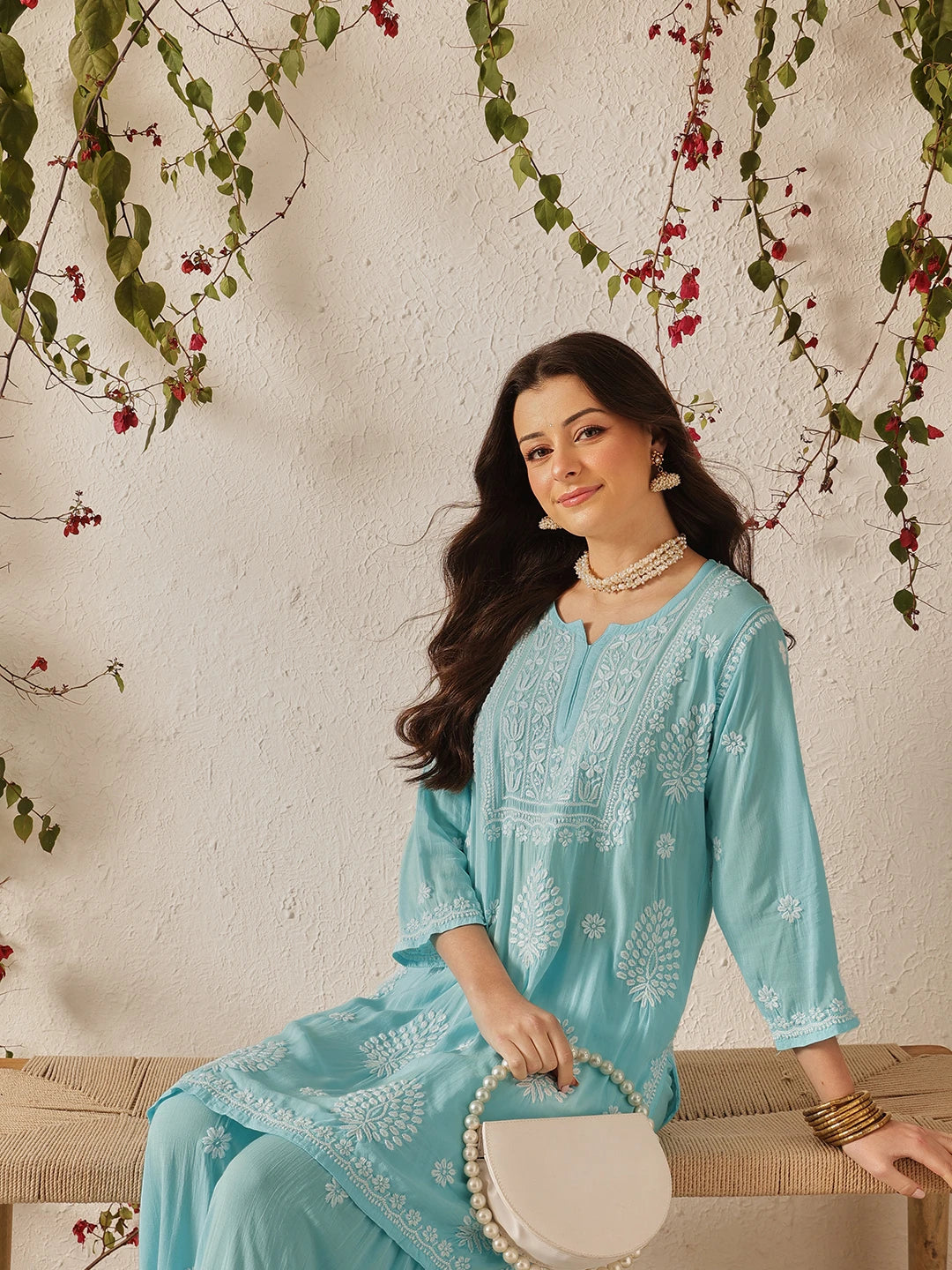 Ada Hand Embroidered Sky Blue Modal Lucknowi Chikankari Garara Set A811320