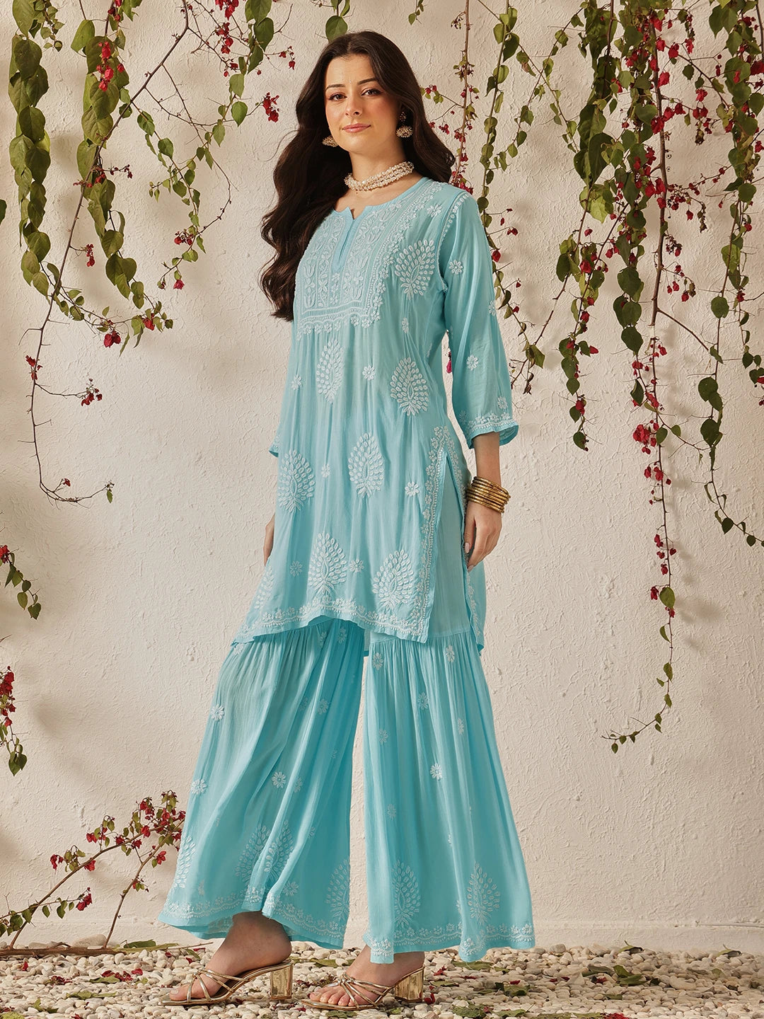 Ada Hand Embroidered Sky Blue Modal Lucknowi Chikankari Garara Set A811320