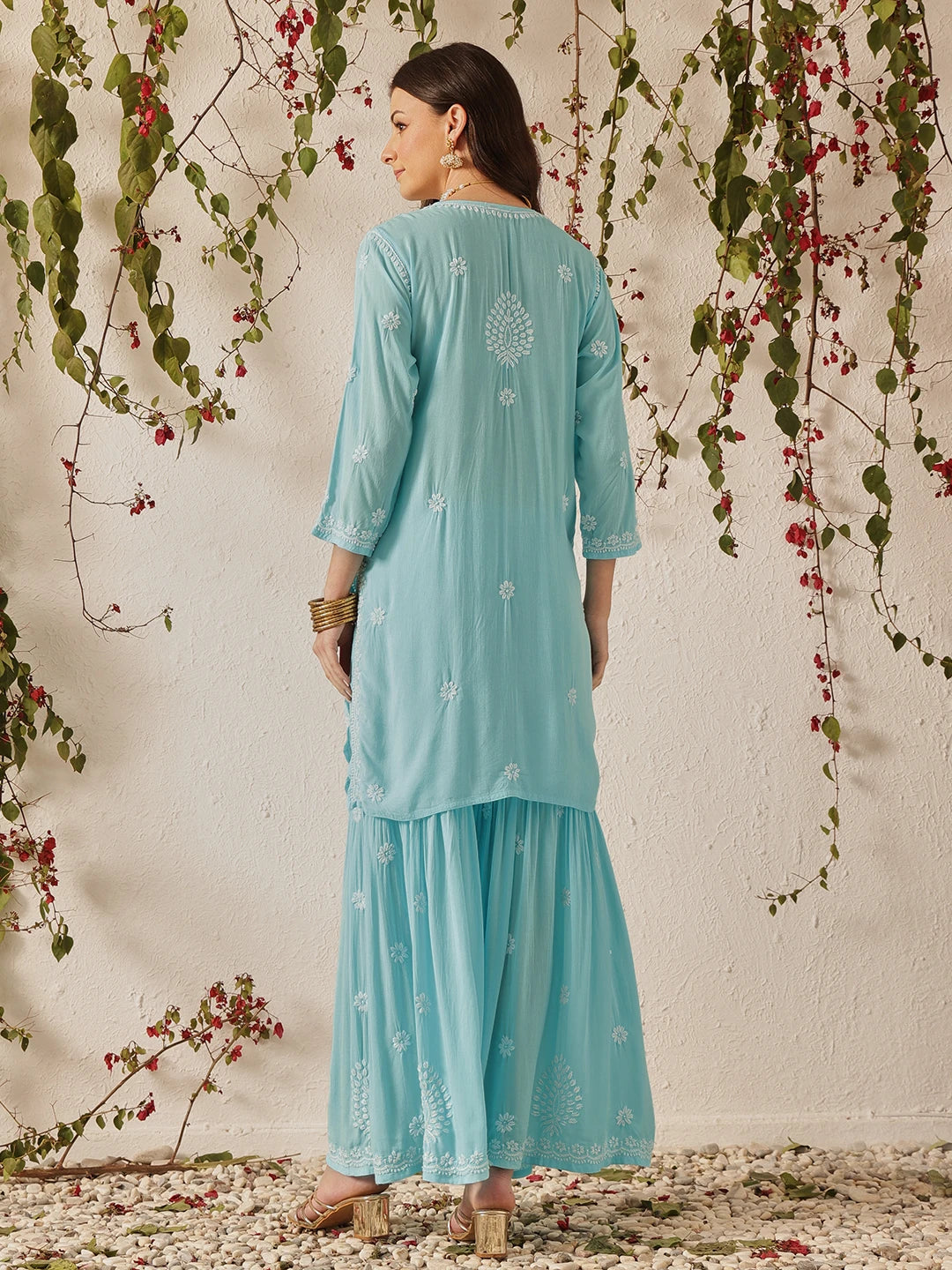 Ada Hand Embroidered Sky Blue Modal Lucknowi Chikankari Garara Set A811320