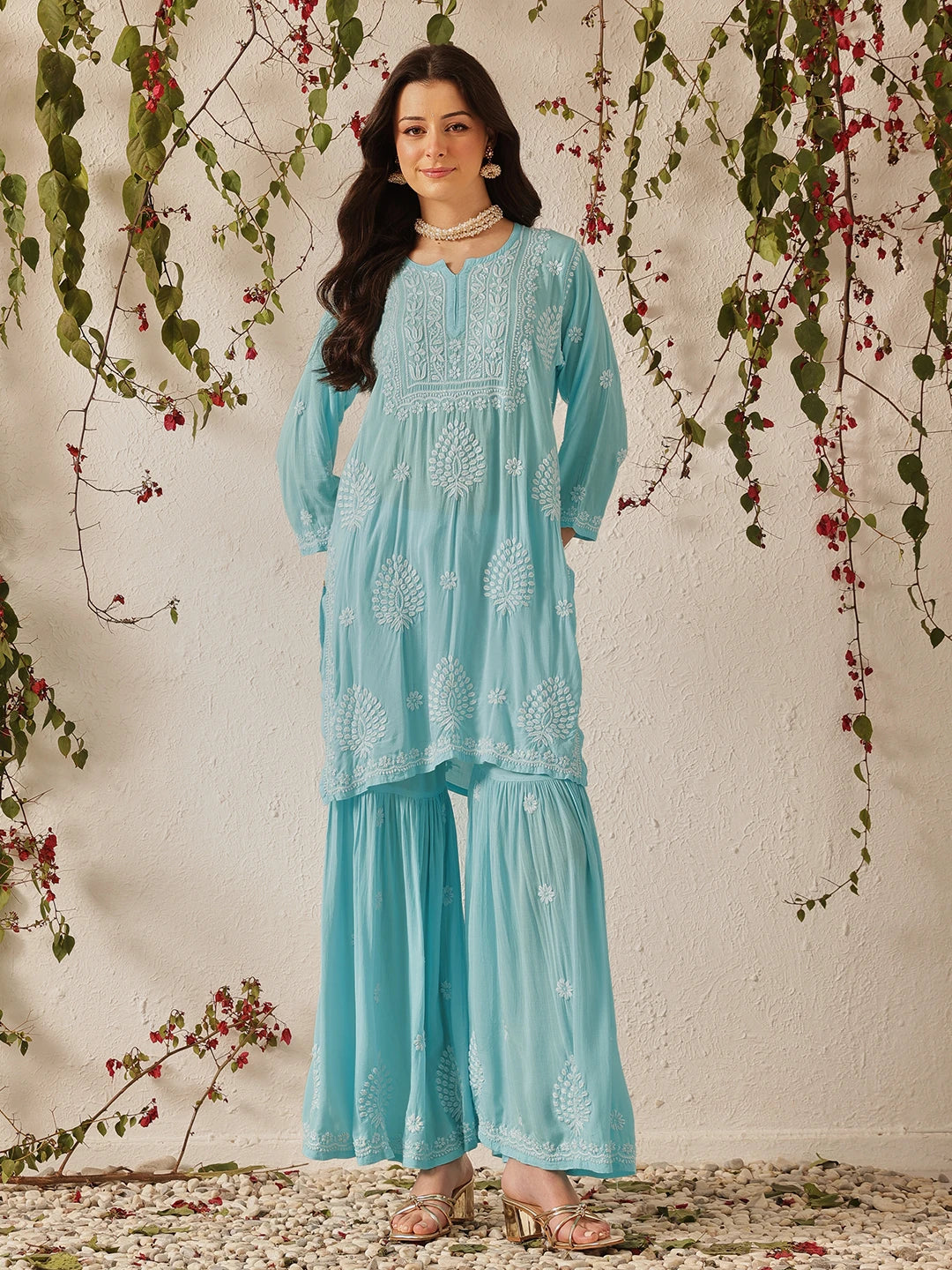 Ada Hand Embroidered Sky Blue Modal Lucknowi Chikankari Garara Set A811320