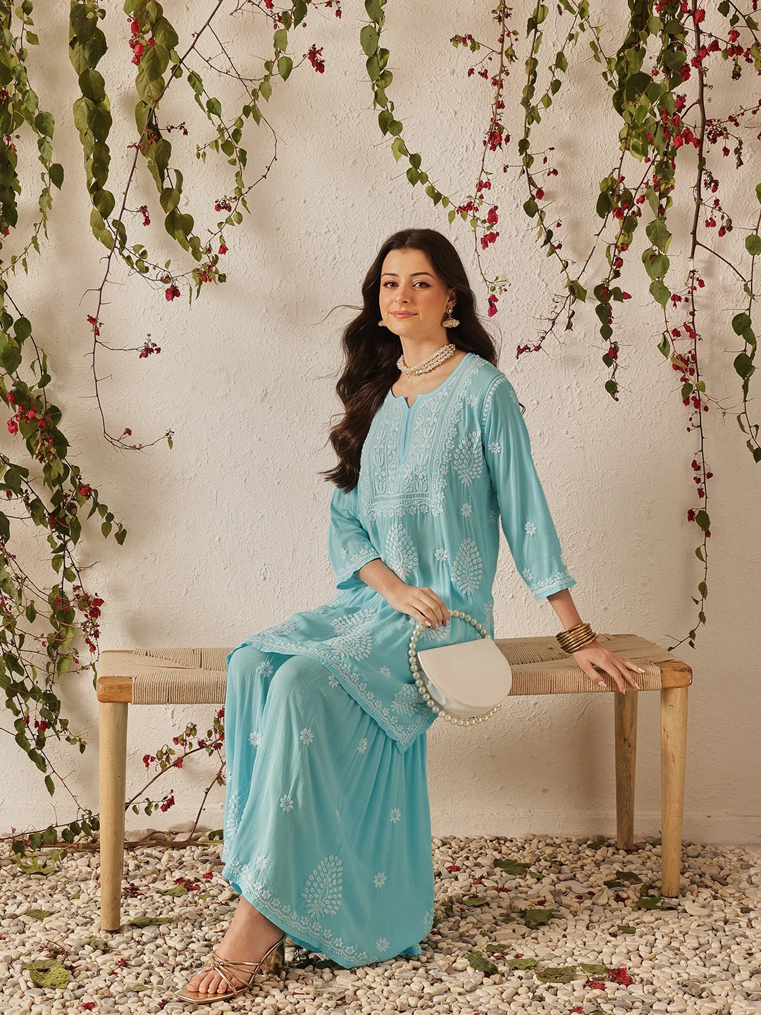 Ada Hand Embroidered Sky Blue Modal Lucknowi Chikankari Garara Set A811320