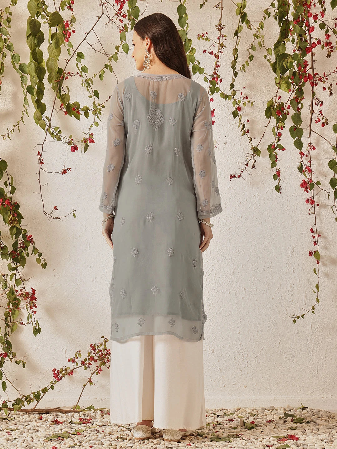 Ada Hand Embroidered Grey Georgette Lucknowi Chikankari Straight Kurta with Slip A130748