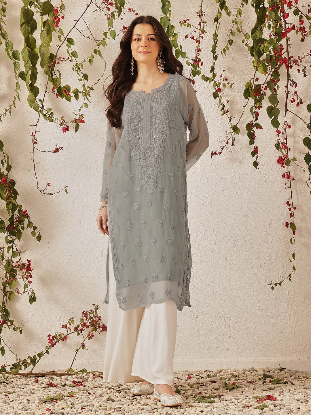 Ada Hand Embroidered Grey Georgette Lucknowi Chikankari Straight Kurta with Slip A130748