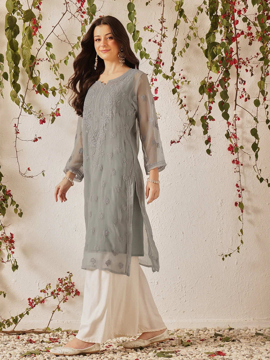 Ada Hand Embroidered Grey Georgette Lucknowi Chikankari Straight Kurta with Slip A130748