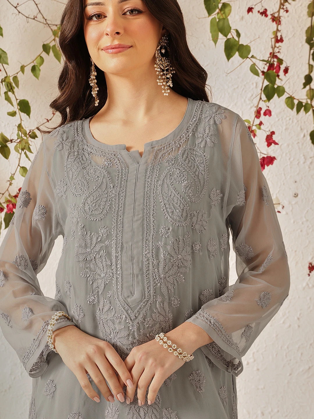 Ada Hand Embroidered Grey Georgette Lucknowi Chikankari Straight Kurta with Slip A130748