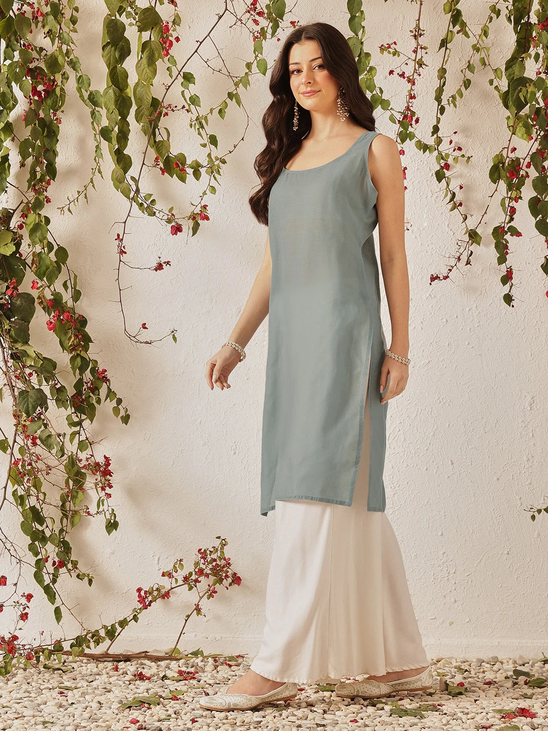 Ada Hand Embroidered Grey Georgette Lucknowi Chikankari Straight Kurta with Slip A130748