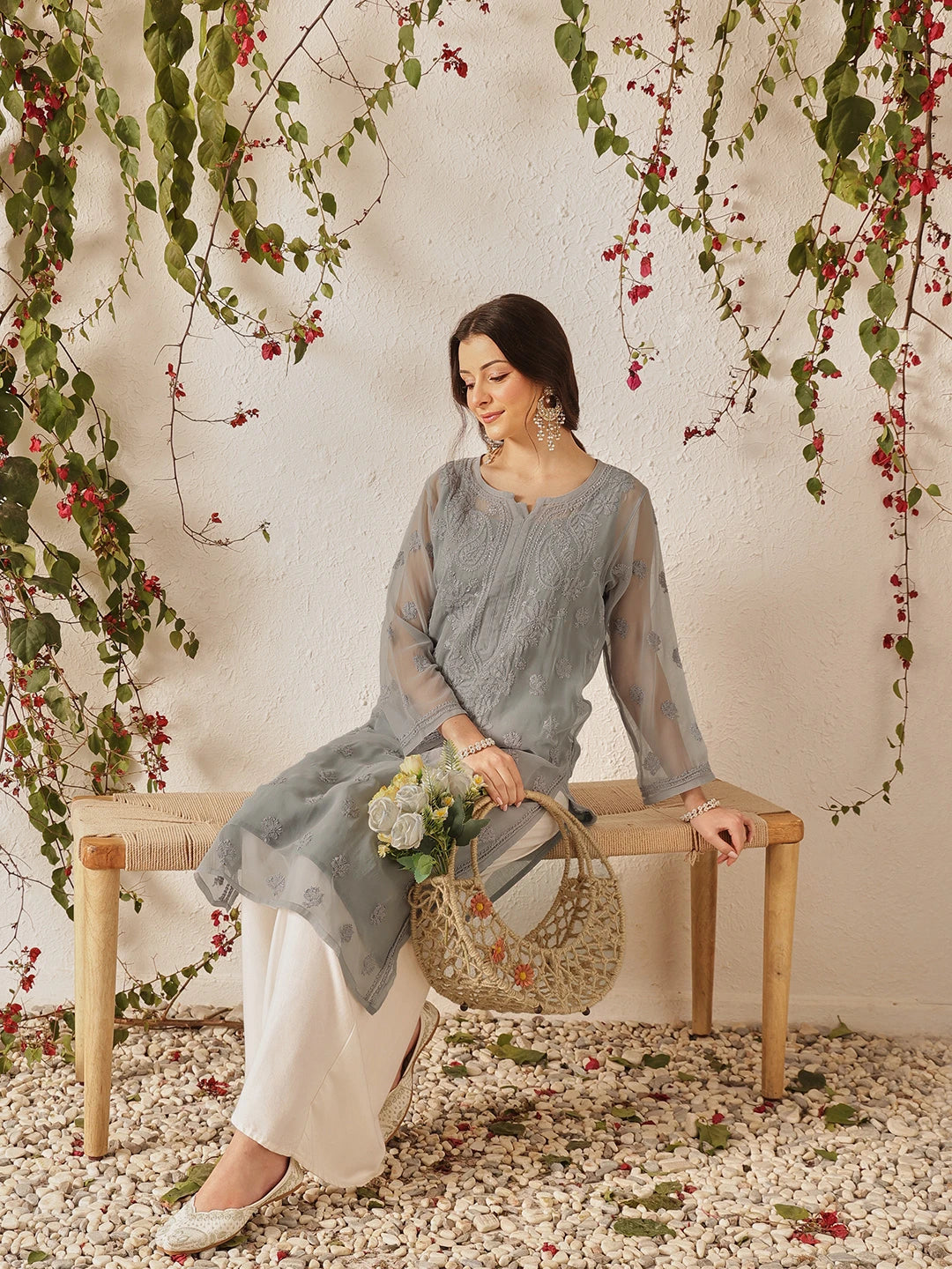 Ada Hand Embroidered Grey Georgette Lucknowi Chikankari Straight Kurta with Slip A130748