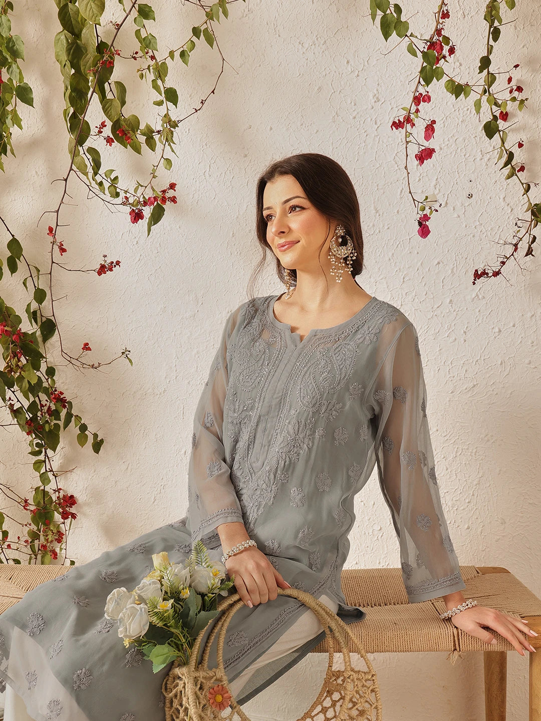 Ada Hand Embroidered Grey Georgette Lucknowi Chikankari Straight Kurta with Slip A130748