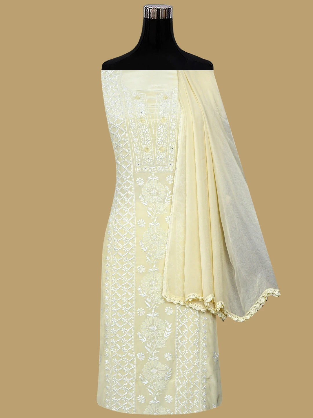 Ada Hand Embroidered Beige Crepe Lucknowi Chikankari Unstitched Suit Piece 01A821754