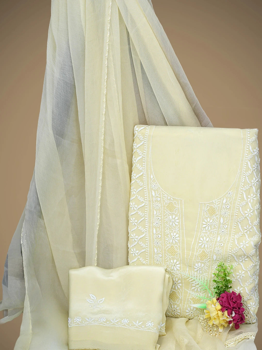 Ada Hand Embroidered Beige Crepe Lucknowi Chikankari Unstitched Suit Piece 01A821754